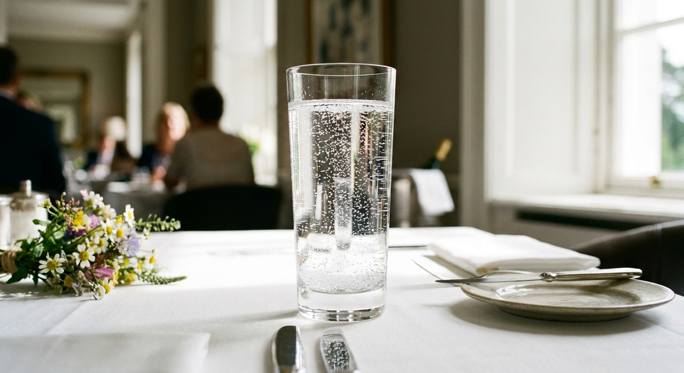 Glas mit frischem sauerstoffreichem Wasser in elegantem Restaurant-Ambiente